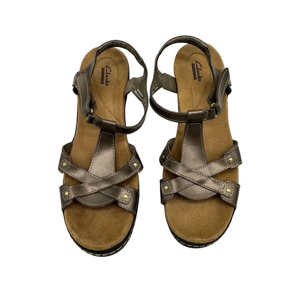 Clarks Collection Womens Hayla Flute Strappy Sandals Size 7.5D Pewter Leather